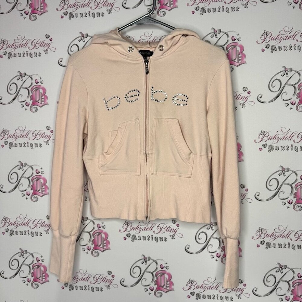 Bebe Pink Hoodie Jacket sweater bling Swarovski crystal cargo style top